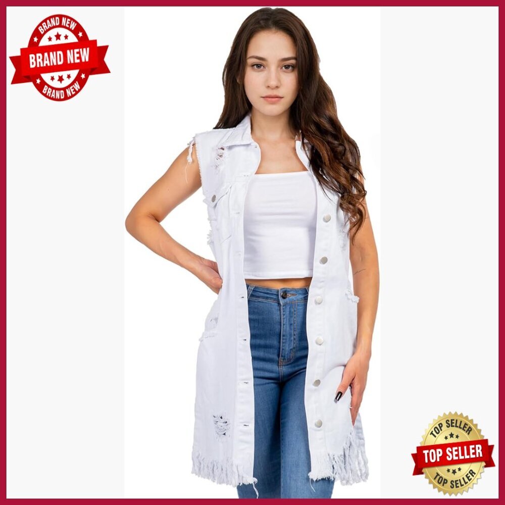 Distressed Ripped Sleeveless Denim Jacket Vest Cardigan Women's Mid Long